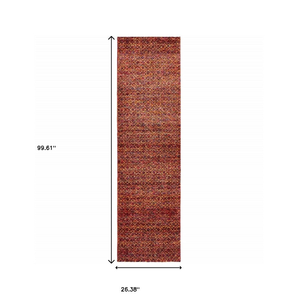 8' Red And Rust Geometric Distressed Runner Rug