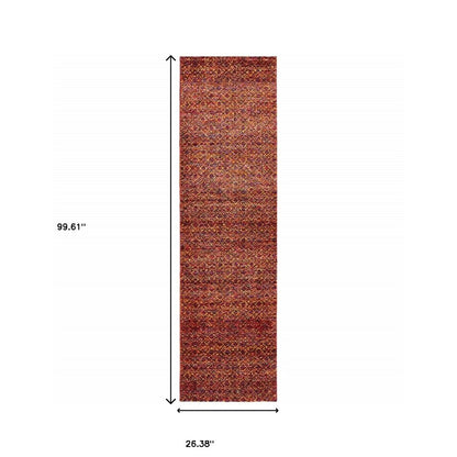 8' Red And Rust Geometric Distressed Runner Rug