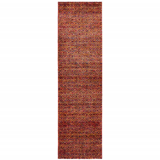 12' Runner Red Gold and Blue Geometric Power Loom Runner Rug