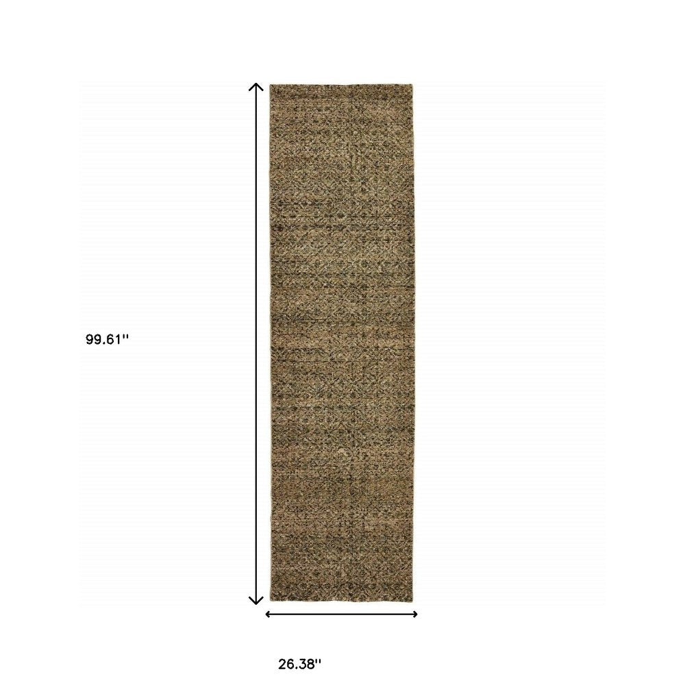 8' Green And Gold Geometric Distressed Runner Rug