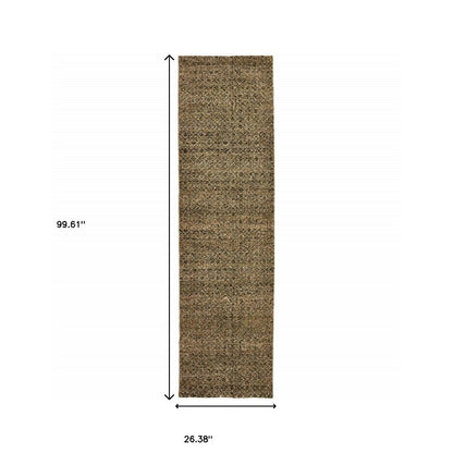 8' Green And Gold Geometric Distressed Runner Rug