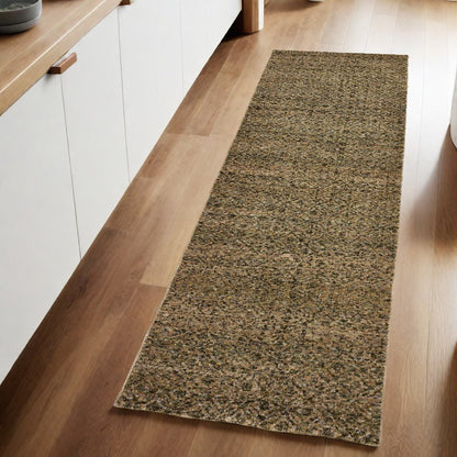 8' Green And Gold Geometric Distressed Runner Rug