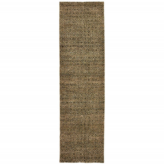 12' Green And Gold Geometric Distressed Runner Rug