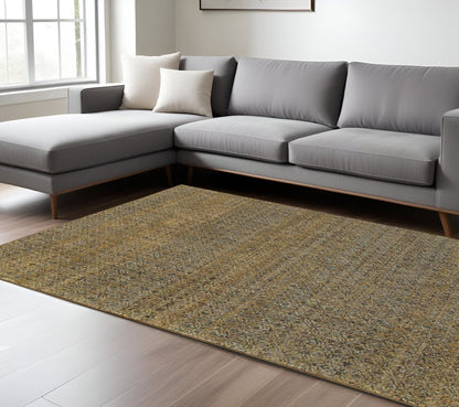 8' X 11' Green And Gold Geometric Distressed Area Rug