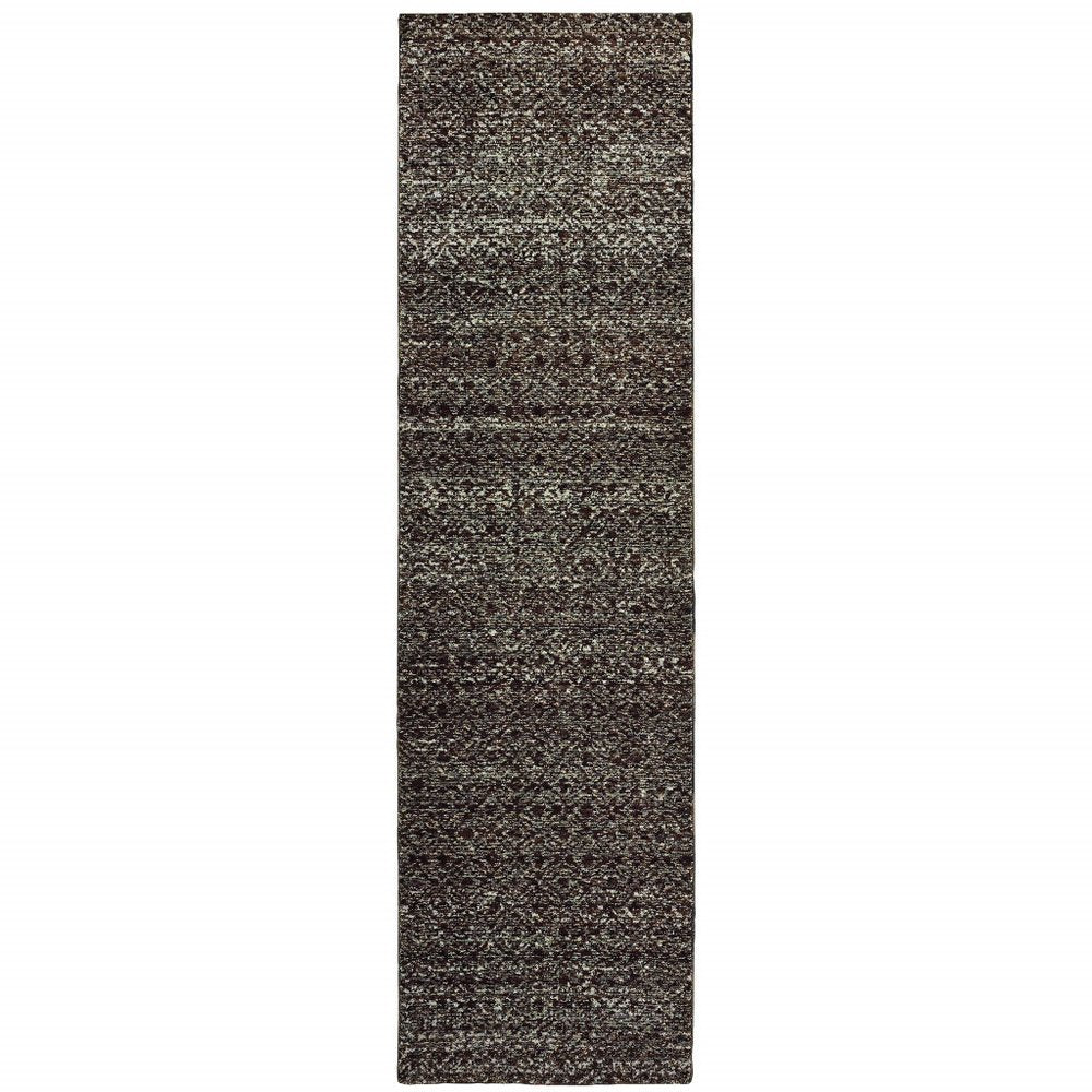 12' Charcoal Gray And Brown Geometric Runner Rug