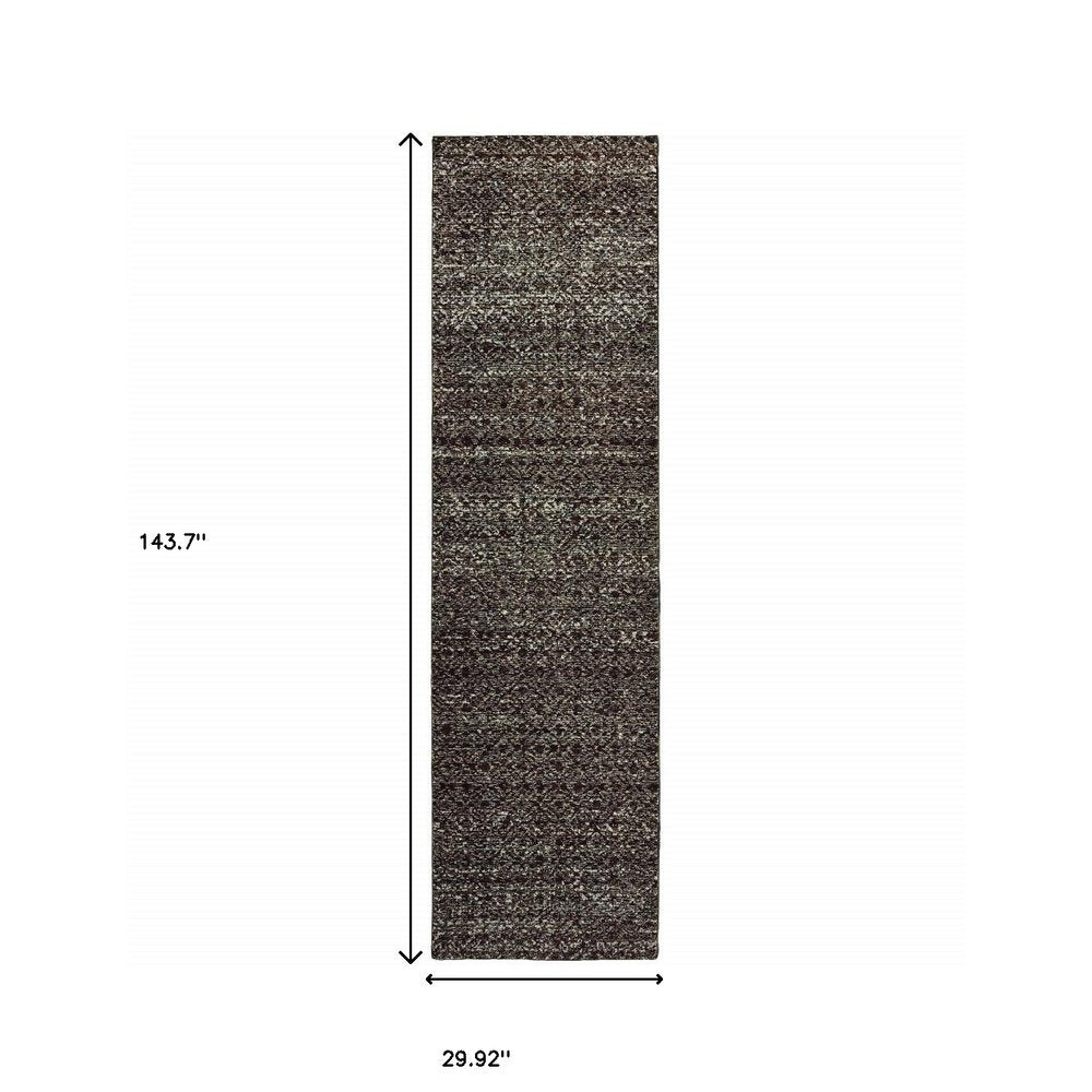 12' Charcoal Gray And Brown Geometric Runner Rug