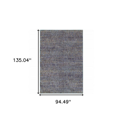 Rectangular blue-gray woven rug with a textured, mottled pattern; dimensions 135.04" x 94.49".