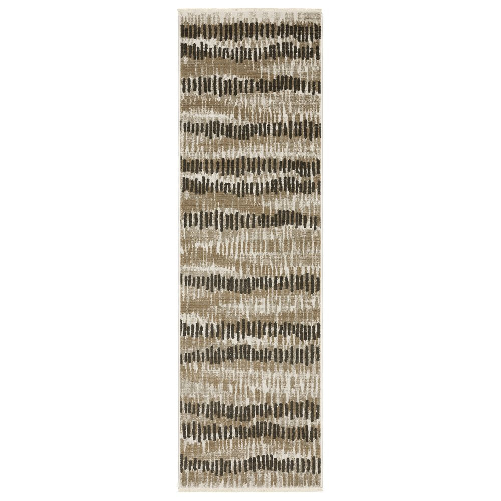 2' x 8' beige ivory charcoal brown tan and grey abstract power loom stain resistant runner rug with fringe