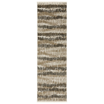2' x 8' beige ivory charcoal brown tan and grey abstract power loom stain resistant runner rug with fringe
