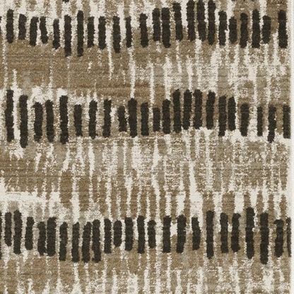 2' x 8' beige, ivory, charcoal, brown, tan and grey abstract runner rug with fringe; stain resistant; power loom