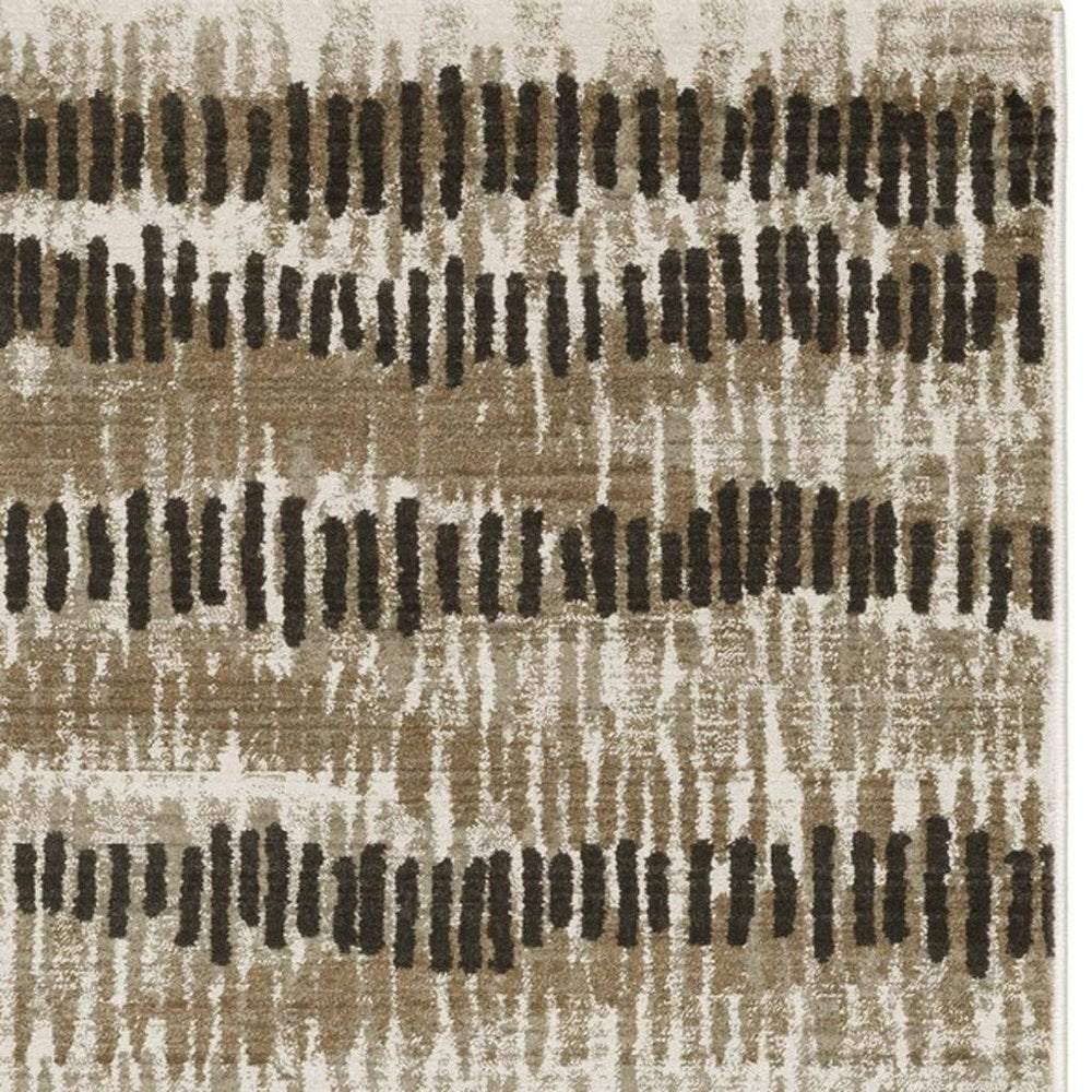 2' x 8' beige ivory charcoal brown tan and grey abstract power loom stain resistant runner rug with fringe