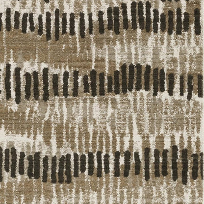 2' x 8' beige ivory charcoal brown tan and grey abstract power loom stain-resistant runner rug with fringe