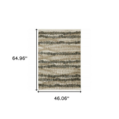 4' X 6' beige ivory charcoal brown tan and grey abstract power loom stain-resistant area rug with fringe