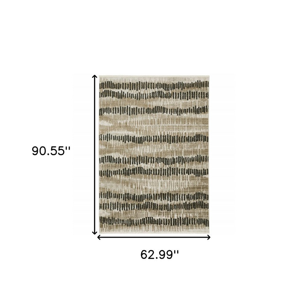 5' X 8' Beige Ivory Charcoal Brown Tan And Grey Abstract Power Loom Stain Resistant Area Rug With Fringe