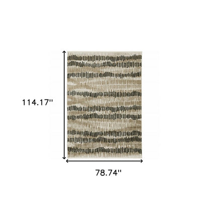 6' X 9' Beige Ivory Charcoal Brown Tan And Grey Abstract Power Loom Stain Resistant Area Rug With Fringe