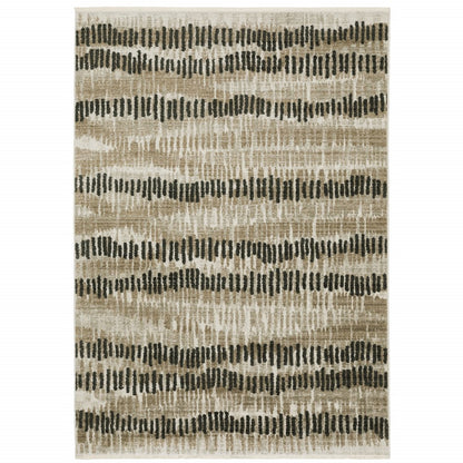 6' X 9' Beige Ivory Charcoal Brown Tan And Grey Abstract Power Loom Stain Resistant Area Rug With Fringe
