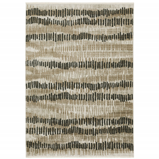 8' X 11' Beige Ivory Charcoal Brown Tan And Grey Abstract Power Loom Stain Resistant Area Rug With Fringe