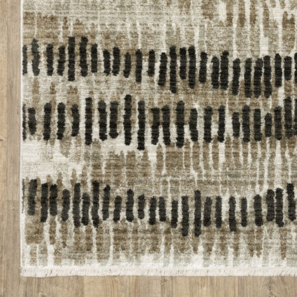 8' X 11' Beige Ivory Charcoal Brown Tan And Grey Abstract Power Loom Stain Resistant Area Rug With Fringe