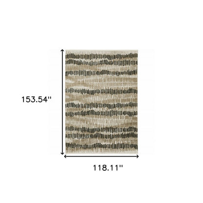 10' X 13' Beige Ivory Charcoal Brown Tan And Grey Abstract Power Loom Stain Resistant Area Rug With Fringe