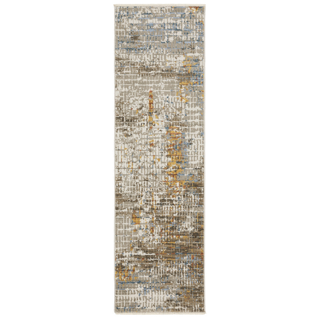 8' Beige Grey Brown Gold Red And Blue Abstract Power Loom Runner Rug With Fringe