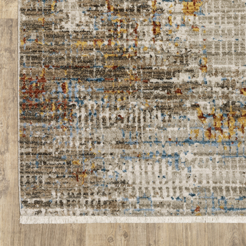 8' Beige Grey Brown Gold Red And Blue Abstract Power Loom Runner Rug With Fringe