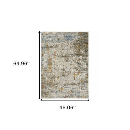 4' x 6' abstract power loom area rug with fringe in beige, grey, brown, gold, red and blue.
