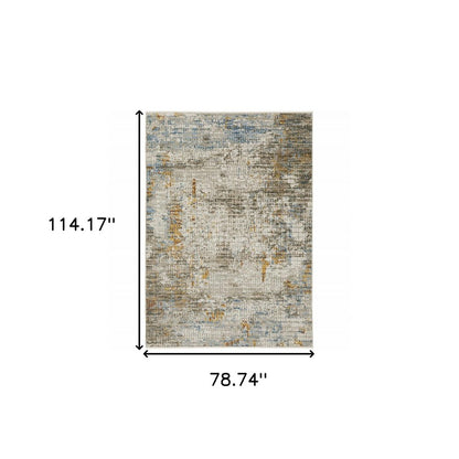6' x 9' beige, grey, brown, gold, red and blue abstract power loom stain-resistant area rug with fringe