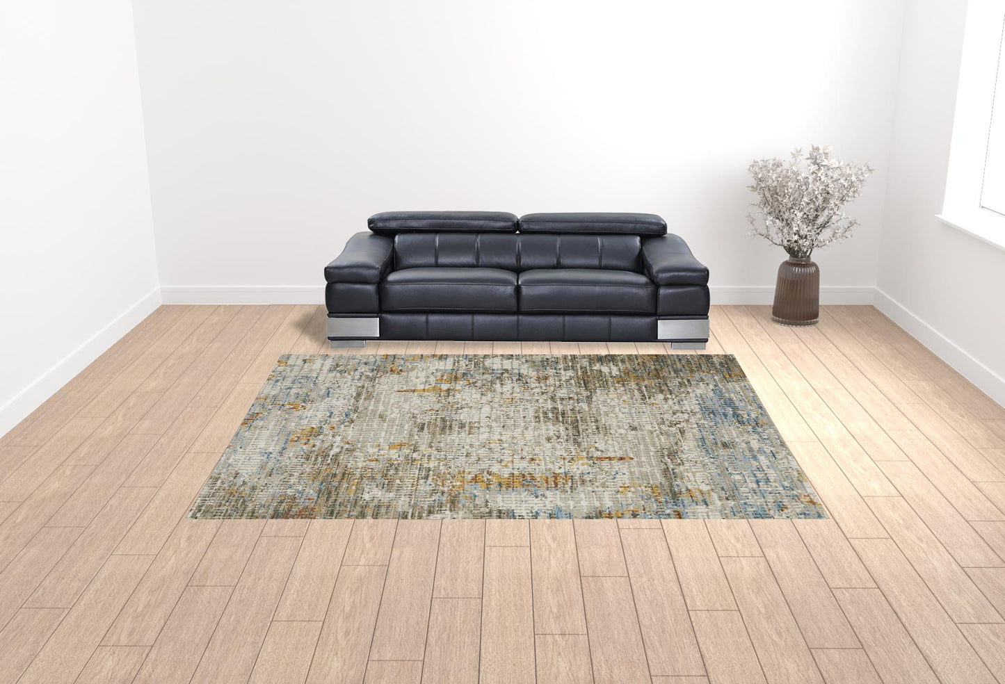 10' X 13' Beige Grey Brown Gold Red And Blue Abstract Power Loom Stain Resistant Area Rug With Fringe