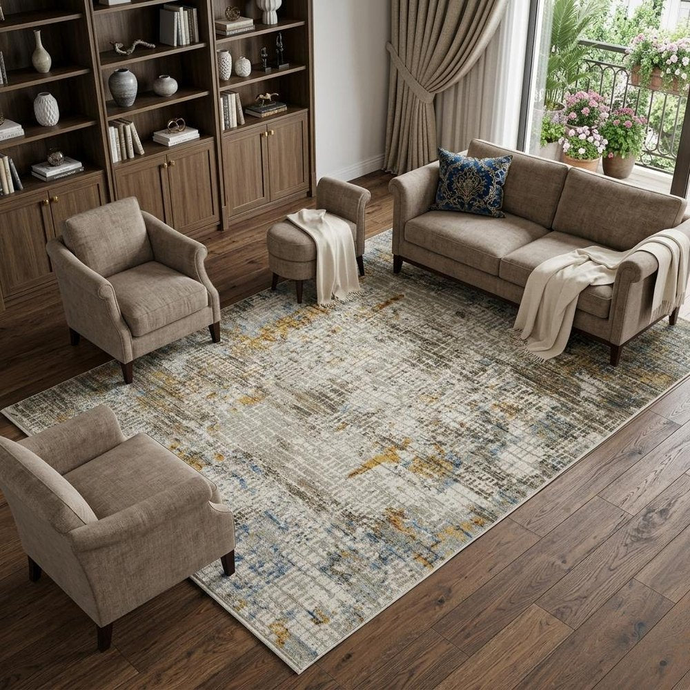 10' X 13' Beige Grey Brown Gold Red And Blue Abstract Power Loom Stain Resistant Area Rug With Fringe