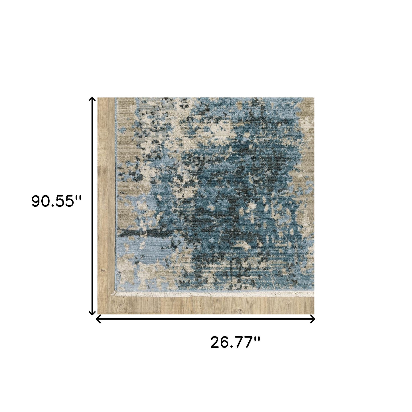 2' X 8' Blue Grey Ivory Light Blue And Dark Blue Abstract Power Loom Stain Resistant Runner Rug With Fringe