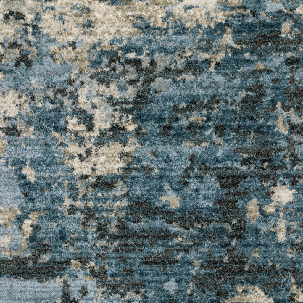 2' X 8' Blue Grey Ivory Light Blue And Dark Blue Abstract Power Loom Stain Resistant Runner Rug With Fringe