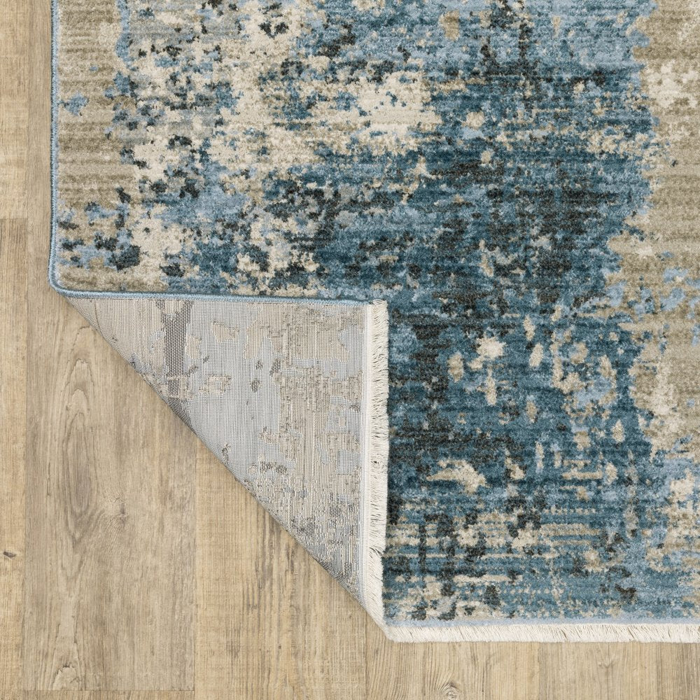 2' x 8' blue grey ivory light blue and dark blue abstract power loom stain resistant runner rug with fringe