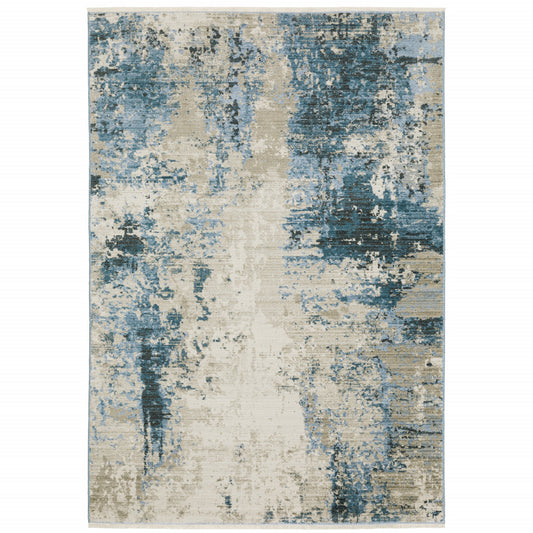 4' X 6' Blue Grey Ivory Light Blue And Dark Blue Abstract Power Loom Stain Resistant Area Rug With Fringe