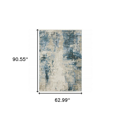 5' X 8' Blue Grey Ivory Light Blue And Dark Blue Abstract Power Loom Stain Resistant Area Rug With Fringe
