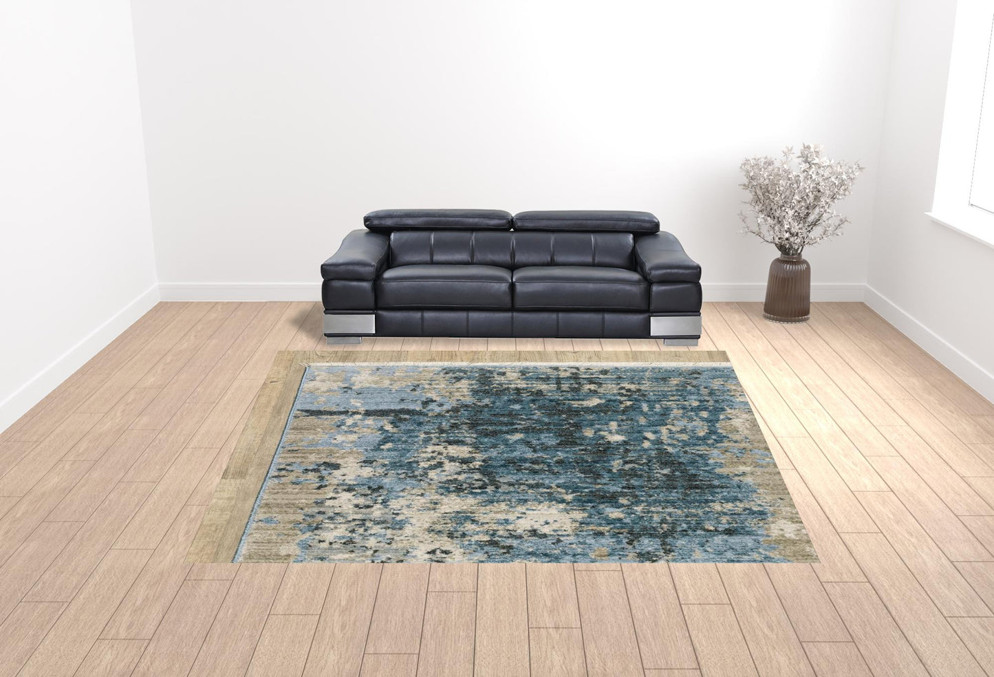10' X 13' Blue Grey Ivory Light Blue And Dark Blue Abstract Power Loom Stain Resistant Area Rug With Fringe