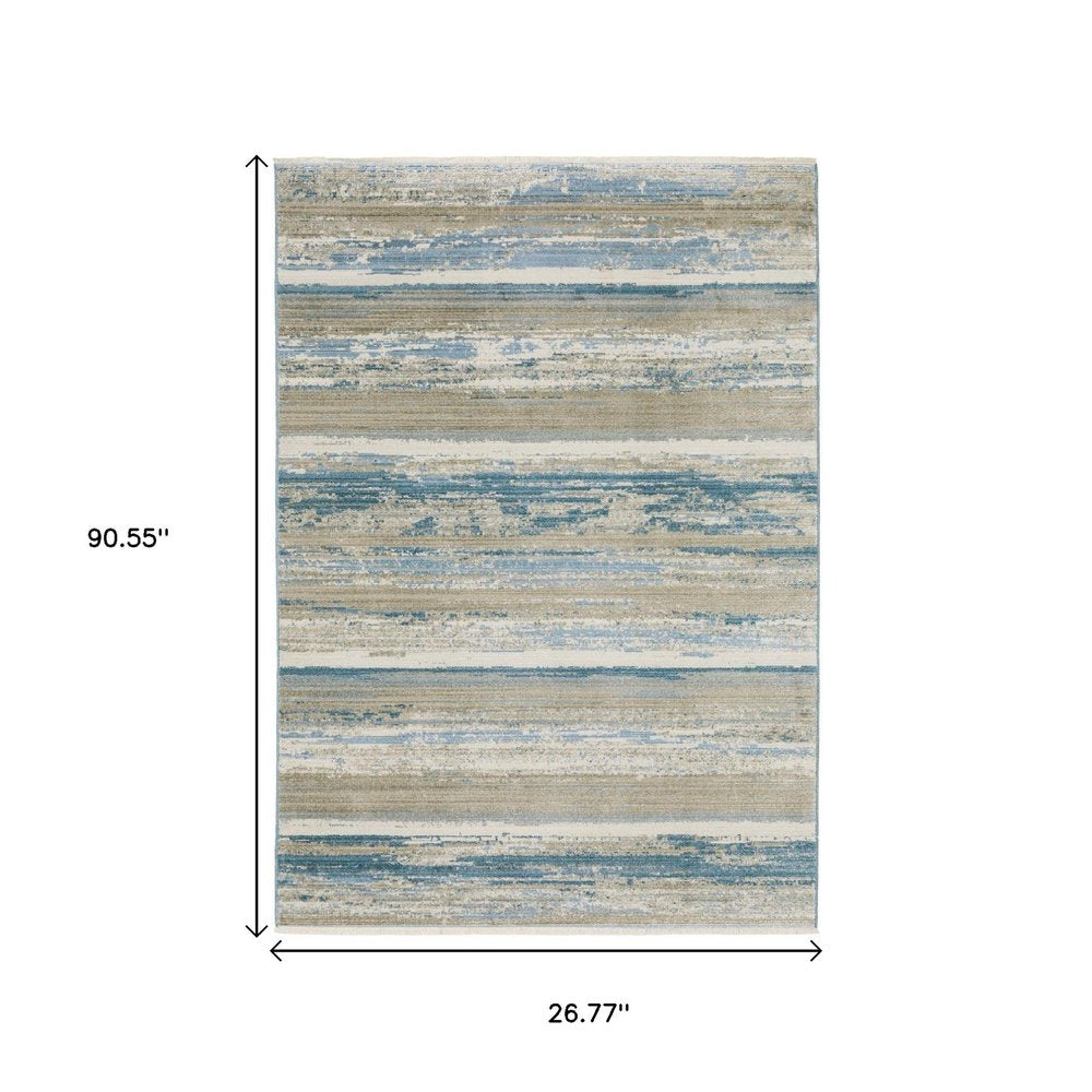 8' Blue And Beige Abstract Distressed Runner Rug With Fringe