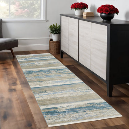 8' Blue And Beige Abstract Distressed Runner Rug With Fringe