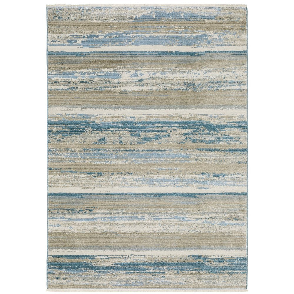 8' Blue And Beige Abstract Distressed Runner Rug With Fringe