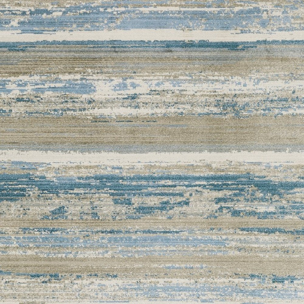 8' Blue And Beige Abstract Distressed Runner Rug With Fringe