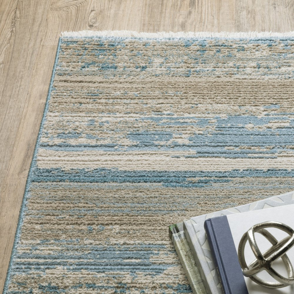 8' Blue And Beige Abstract Distressed Runner Rug With Fringe