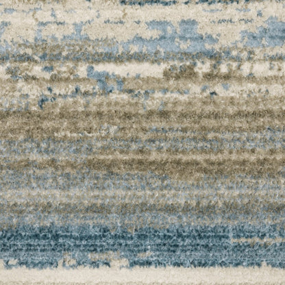 8' Blue And Beige Abstract Distressed Runner Rug With Fringe