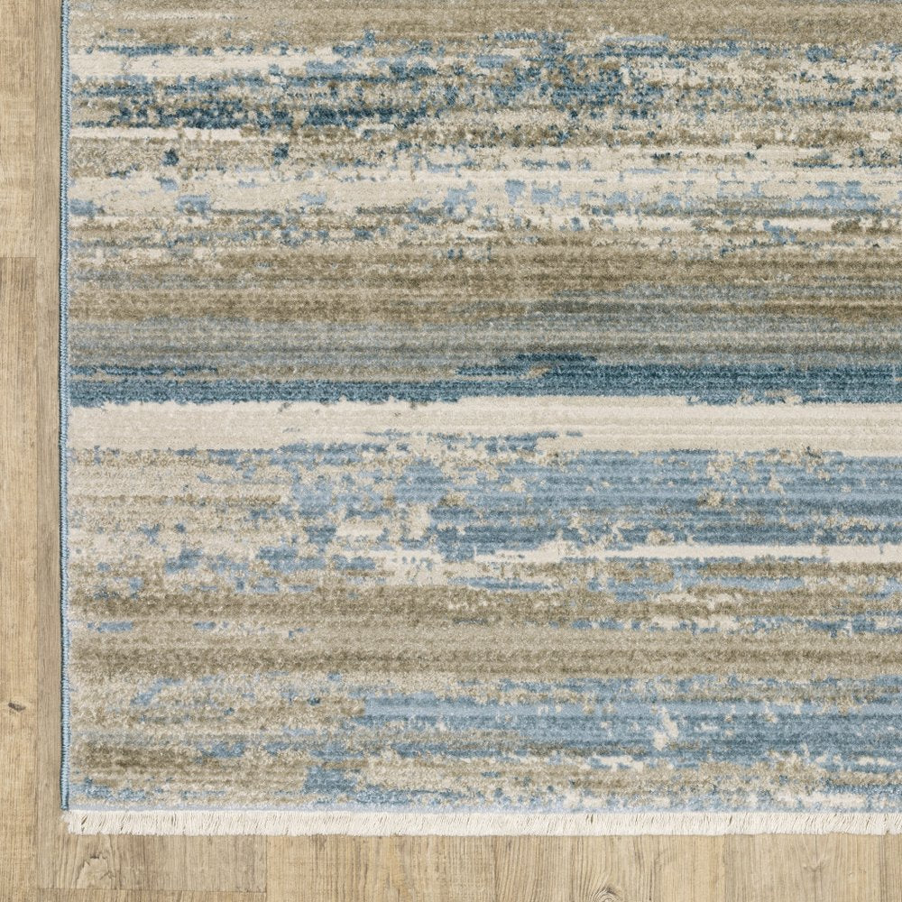 8' Blue And Beige Abstract Distressed Runner Rug With Fringe