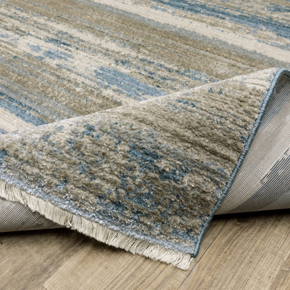 8' Blue And Beige Abstract Distressed Runner Rug With Fringe