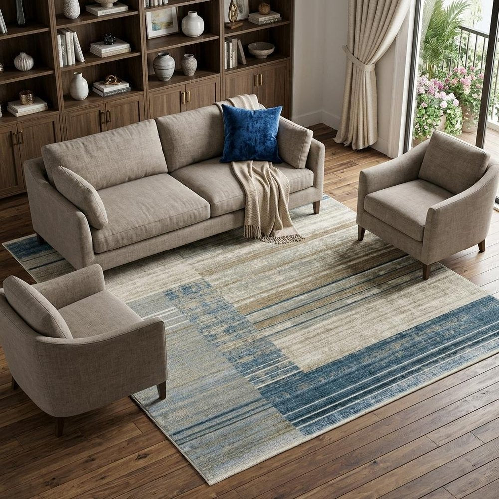 8' X 11' Blue Dark Blue Teal Grey Ivory Beige And Tan Geometric Power Loom Stain Resistant Area Rug With Fringe