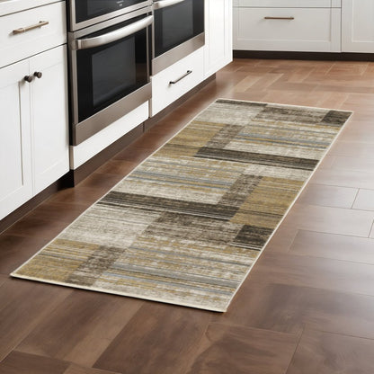 8' Beige and Charcoal Geometric Power Loom Runner Rug