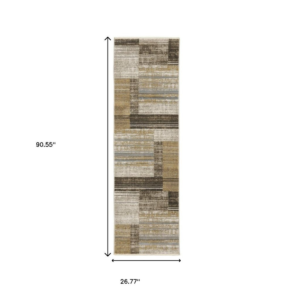 8' Beige and Charcoal Geometric Power Loom Runner Rug