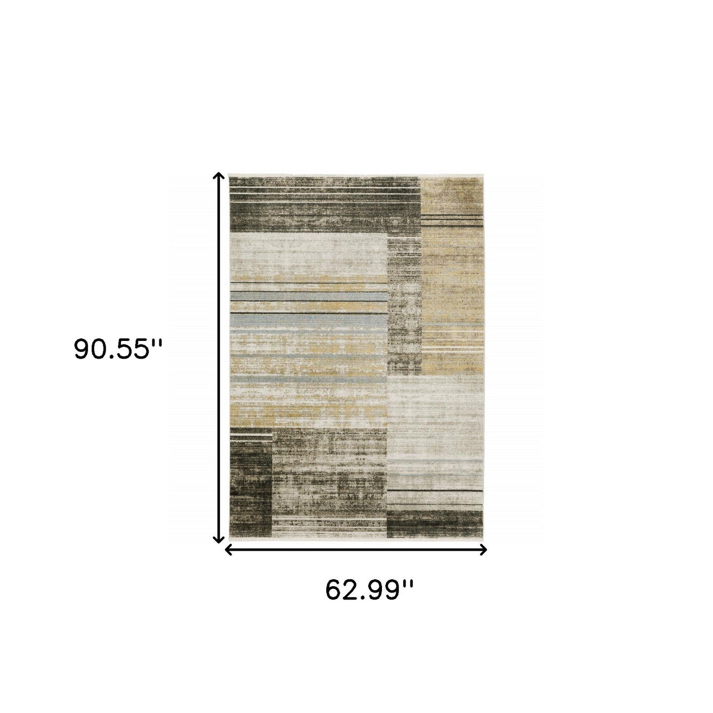 5' X 8' Beige Charcoal Brown Grey Tan Gold And Blue Geometric Power Loom Stain Resistant Area Rug With Fringe