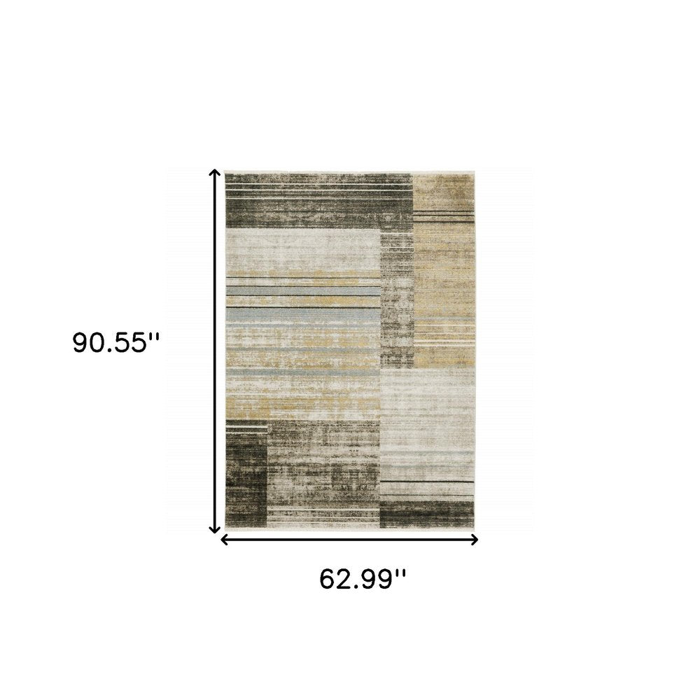 5' x 8' beige, charcoal, brown, grey, tan, gold and blue geometric power loom area rug with fringe; stain resistant.