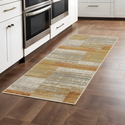 2' x 8' Brown and Ivory Geometric Power Loom Runner Rug with Fringe