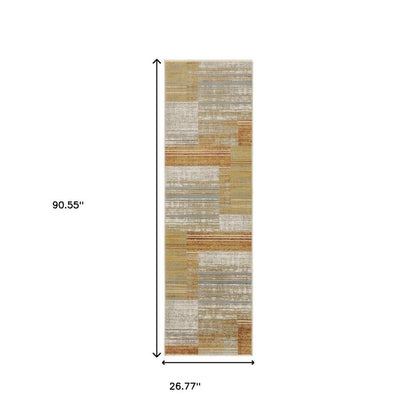 2' X 8' Brown And Ivory Geometric Power Loom Runner Rug With Fringe